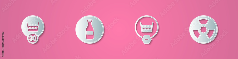 Set paper cut Temperature wash, Bottle, Delicate and Radioactive icon. Paper art style. Vector Set paper cut Temperature wash, Bottle, Delicate and Radioactive icon. Paper art style. Vector