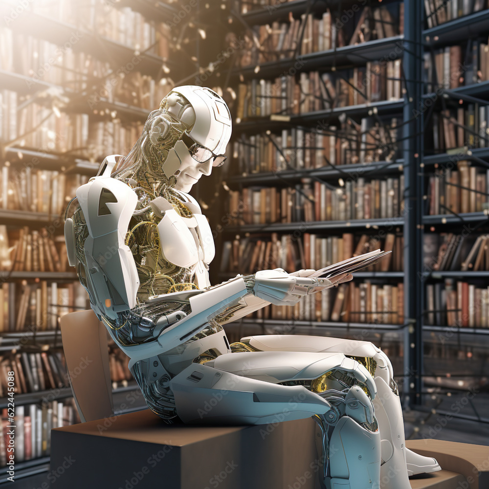 Future technological development knowledge background - Human robot sits in the library and read books | Generative AI