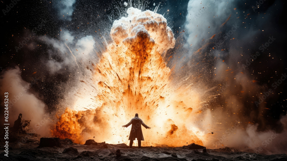 a person standing in front of a massive explosion a person standing in front of a massive explosion