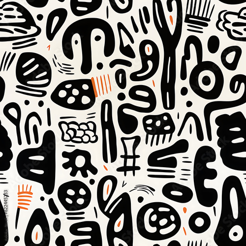 Doodle seamless pattern - Black and white some simple colors. Endless illustration.