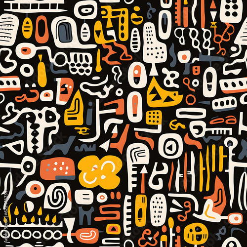 Doodle seamless pattern - Black and white some simple colors. Endless illustration.