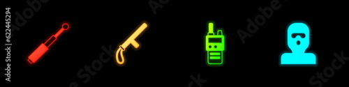 Set Telescopic baton, Police rubber, Walkie talkie and Thief mask icon. Vector