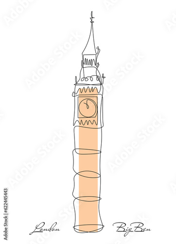 Line drawing of Big Ben tower famous for tourism. Palace of Westminster, Big Ben, England.