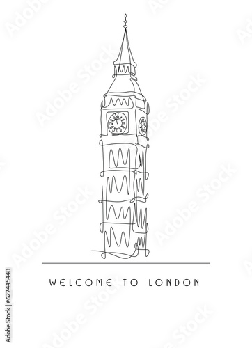 Line drawing of Big Ben tower famous for tourism. Palace of Westminster, Big Ben, England.