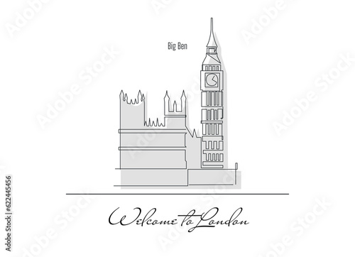 Line drawing of Big Ben tower famous for tourism. Palace of Westminster, Big Ben, England.