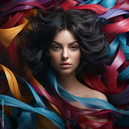 illustration of an dark hair Italian woman portrait with vibe paper streamers, AI Generative