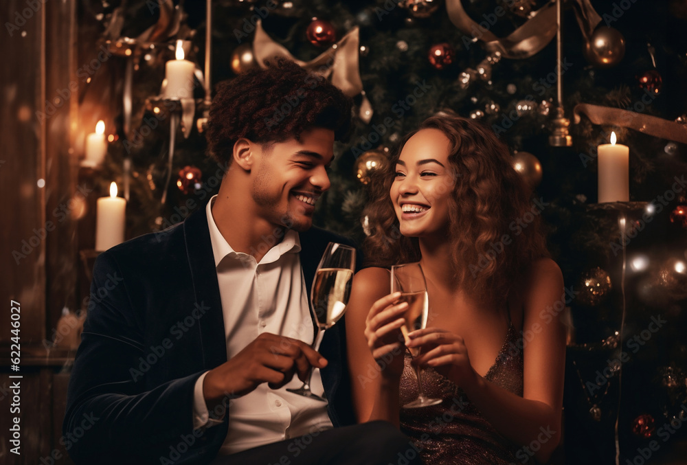 Romantic new year's eve fashion mixed race couple toasting with champagne wearing black dinner jacket and golden dress. Christmas and New Year celebration concept. AI generated.