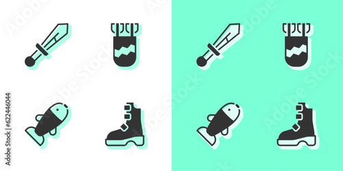 Set Ancient viking boots, Medieval sword, Fish and Quiver with arrows icon. Vector