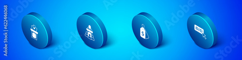 Set Isometric Auction jewelry sale, Price tag with Sale, Bid and auctioneer sells icon. Vector