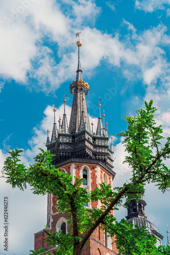 Close-up of the Gothic spire of the Catholic Basilica of the Virgin Mary in Krakow. The tall medieval flag tower contrasts with the blue sky and the bird. Green leaves of acacia in the foreground