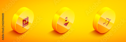 Set Isometric Calendar with February 14, Bottle love potion and Bow and arrow icon. Vector