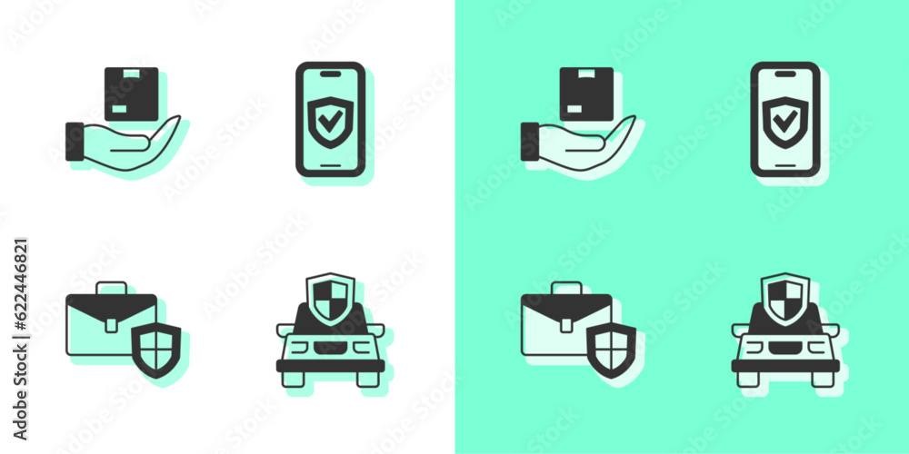 Set Car insurance, Delivery, Briefcase with shield and Insurance online icon. Vector Set Car insurance, Delivery, Briefcase with shield and Insurance online icon. Vector
