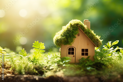 Green and environmentally friendly housing concept, nature forest background - Miniature wooden house home in grass, moss and ferns, illuminated by the sun, sunshine, Eco house | Generative AI