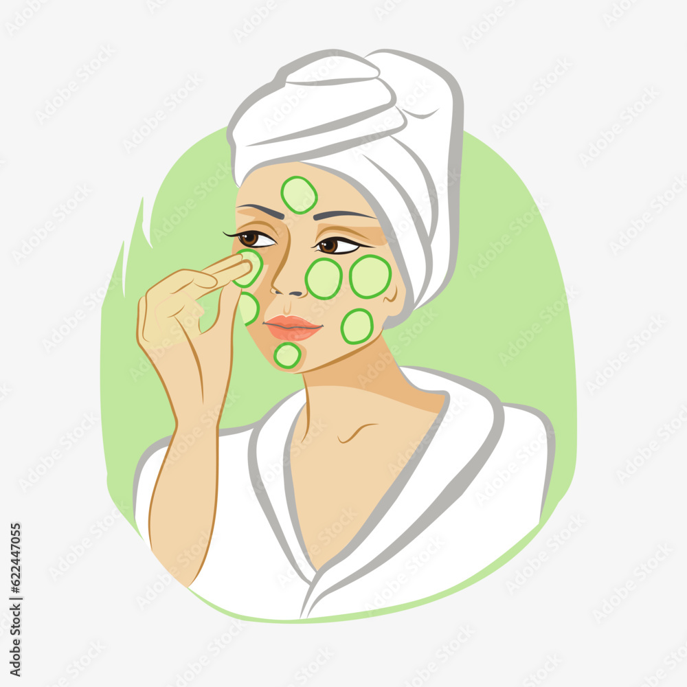 Fototapeta premium Cucumber mask. Illustration of a cucumber mask on a girl's face. 