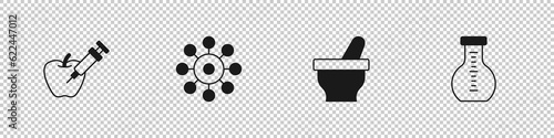 Set Genetically modified apple, Virus, Mortar and pestle and Test tube icon. Vector