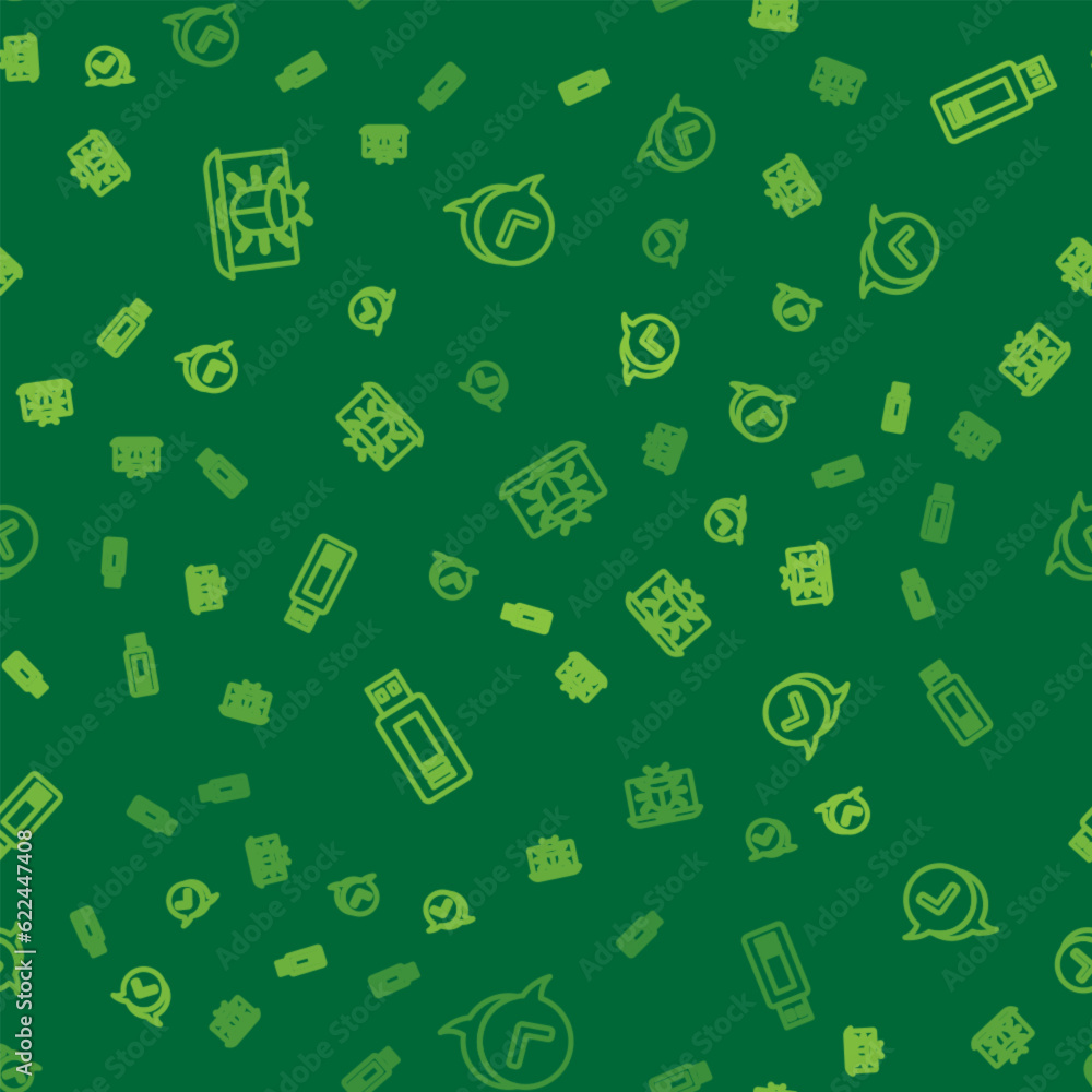 Set line System bug on monitor, USB flash drive and Check mark in speech bubble on seamless pattern. Vector Set line System bug on monitor, USB flash drive and Check mark in speech bubble on seamless pattern. Vector