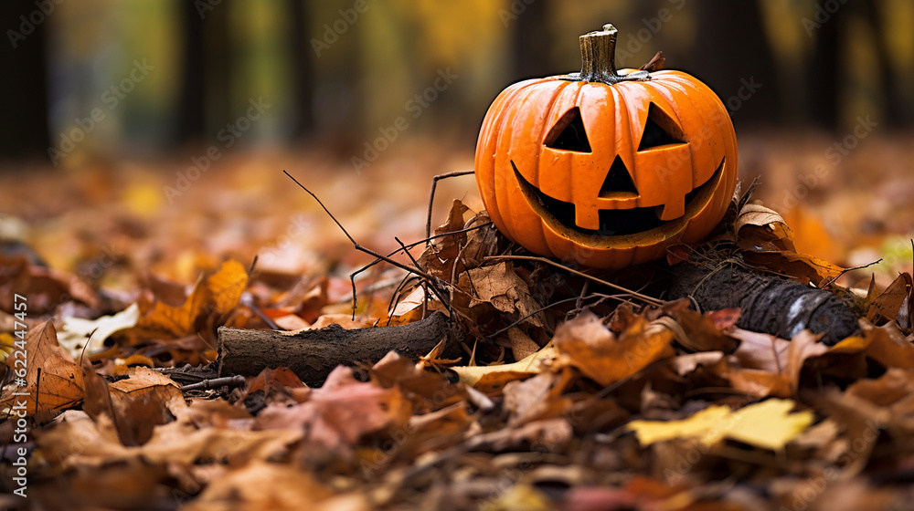 A Jack-O-Lantern on a stump in an autumn forest surrounded by fall leaves, halloween A Jack-O-Lantern on a stump in an autumn forest surrounded by fall leaves, halloween
