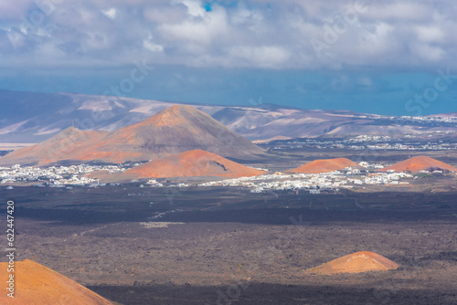 Landscape of the white town of Mancha Blanca from the top of the volcano, Lanzarote Spain