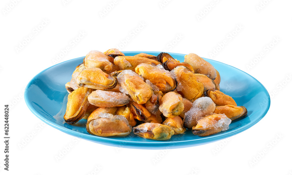 Frozen peeled mussels on a blue ceramic plate isolated on a white background. Frozen peeled mussels on a blue ceramic plate isolated on a white background.