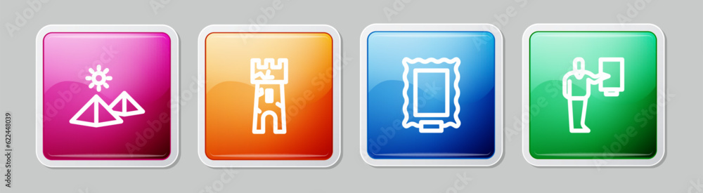 Set line Egypt pyramids, Castle tower, Picture and Museum guide. Colorful square button. Vector Set line Egypt pyramids, Castle tower, Picture and Museum guide. Colorful square button. Vector