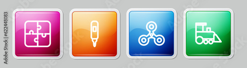 Set line Puzzle pieces toy, Marker pen, Fidget spinner and Toy train. Colorful square button. Vector