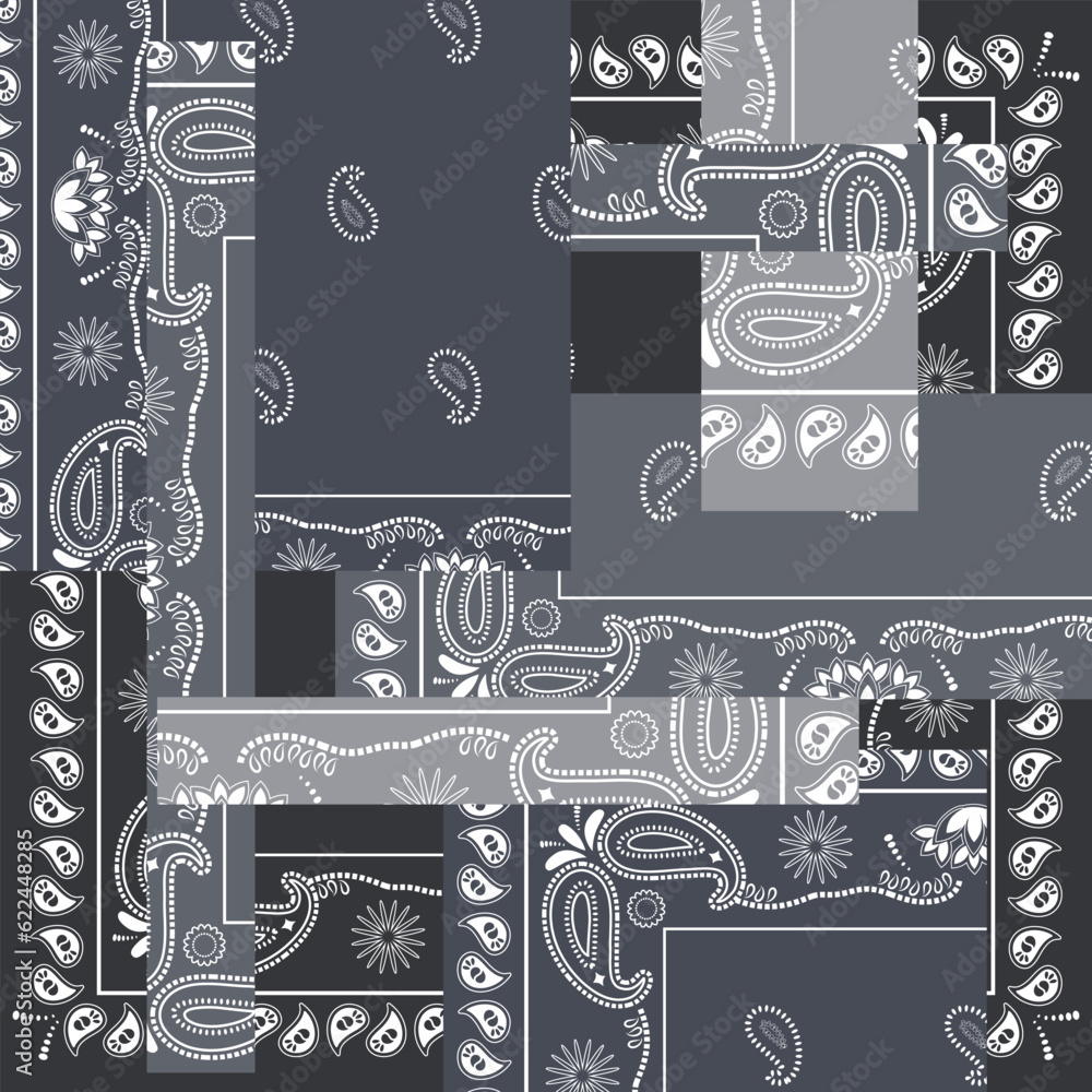 Grey bandana kerchief paisley fabric patchwork abstract vector seamless pattern