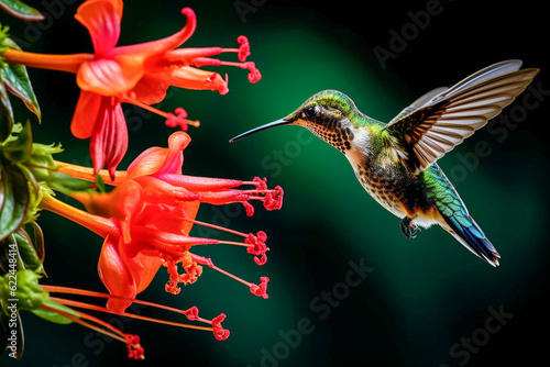 Hummingbird flying next to flower, eating. Generative AI.