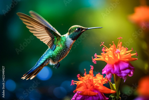 Hummingbird flying next to flower, eating. Generative AI.