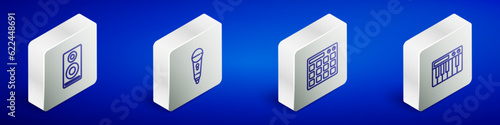Set Isometric line Stereo speaker, Microphone, Drum machine and Music synthesizer icon. Vector