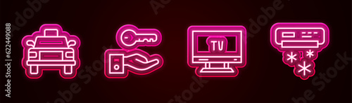 Set line Taxi car, Hotel door lock key, Smart Tv and Air conditioner. Glowing neon icon. Vector