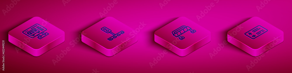Set Isometric line Ticket office to buy tickets, Train traffic light, Road barrier and signpost icon. Vector Set Isometric line Ticket office to buy tickets, Train traffic light, Road barrier and signpost icon. Vector