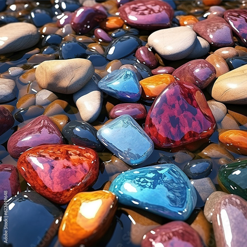 Seamless river colorful rocks underwather with different shapes. Shiny stones, detailed. High polished gemstones background. Landscaping