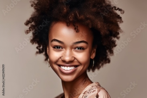 Cheerful Afro-Styled Woman with Curly Hair and Bright Smile in Studio Shot. Generative AI