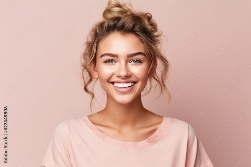 Happy and confident Young woman with a bun Smiling Against Pink Background. Generative AI Happy and confident Young woman with a bun Smiling Against Pink Background. Generative AI