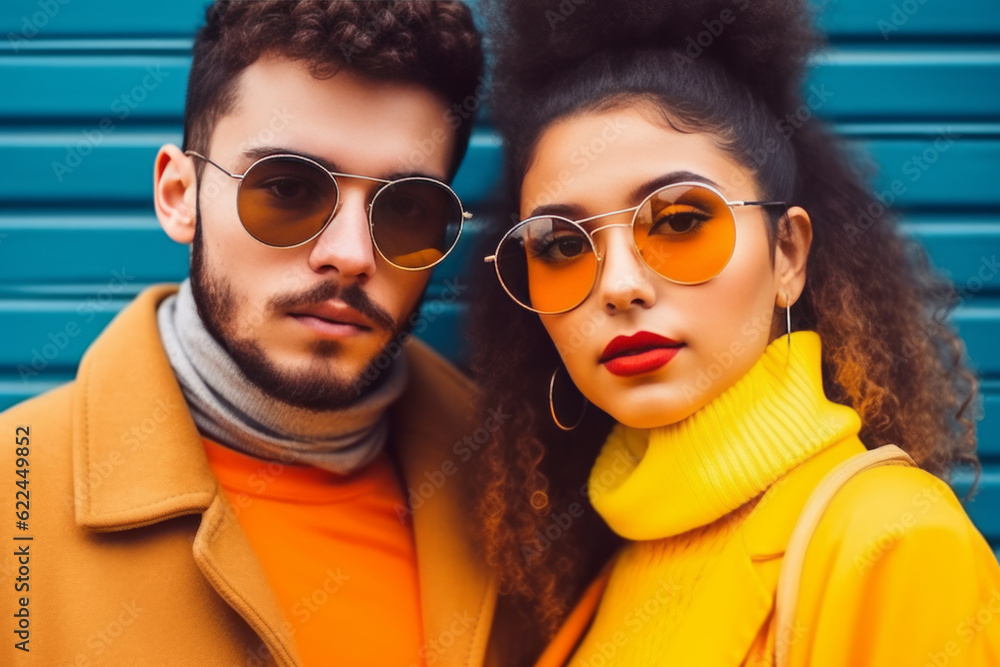 Two stylish friends with cool attitude wearing colorful clothes and sunglasses