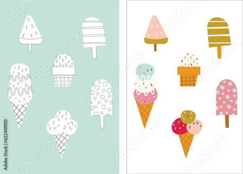 Summer coloring and isolated elements with ice cream in cartoon style. Vector illustration