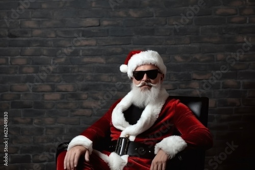Festive adult with beard, sitting on a black chair against brick wall, wearing Santa costume and hat. Generative AI