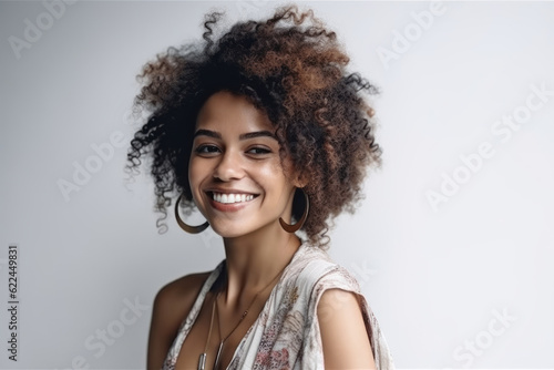 Beautiful Afro Woman with Curly Hair Smiling at the Camera in Studio. Generative AI