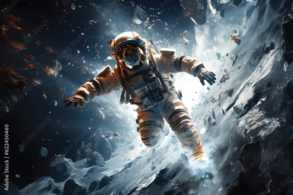 Print:an astronaut is frozen in the universe,ice flake on suit,flying with gravity,flare.GenerativeAI. Print:an astronaut is frozen in the universe,ice flake on suit,flying with gravity,flare.GenerativeAI.
