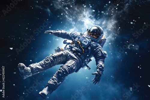Print:an astronaut is frozen in the universe,ice flake on suit,flying with gravity,flare.GenerativeAI. © JewJew