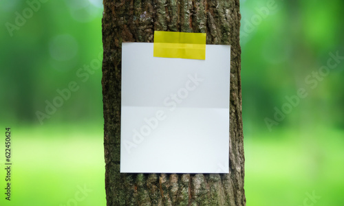 Poster pasted on a tree. Template for notice or message on a tree in nature.