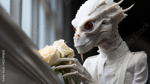 A close up of a fantasy insectoid or reptiloid person holding a white rose. Generative AI image. photo