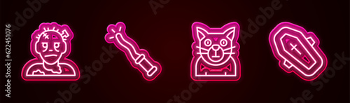 Set line Zombie mask, Magic wand, Cat and Coffin with cross. Glowing neon icon. Vector