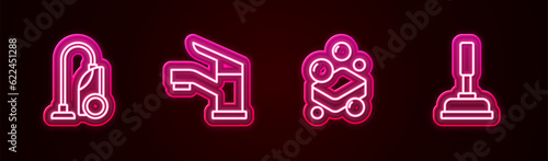Set line Vacuum cleaner, Water tap, Bar of soap and Rubber plunger. Glowing neon icon. Vector