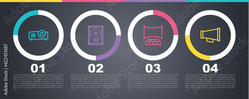 Set line Movie, film, media projector, CD disk award in frame, Cinema auditorium with screen and Megaphone. Business infographic template. Vector