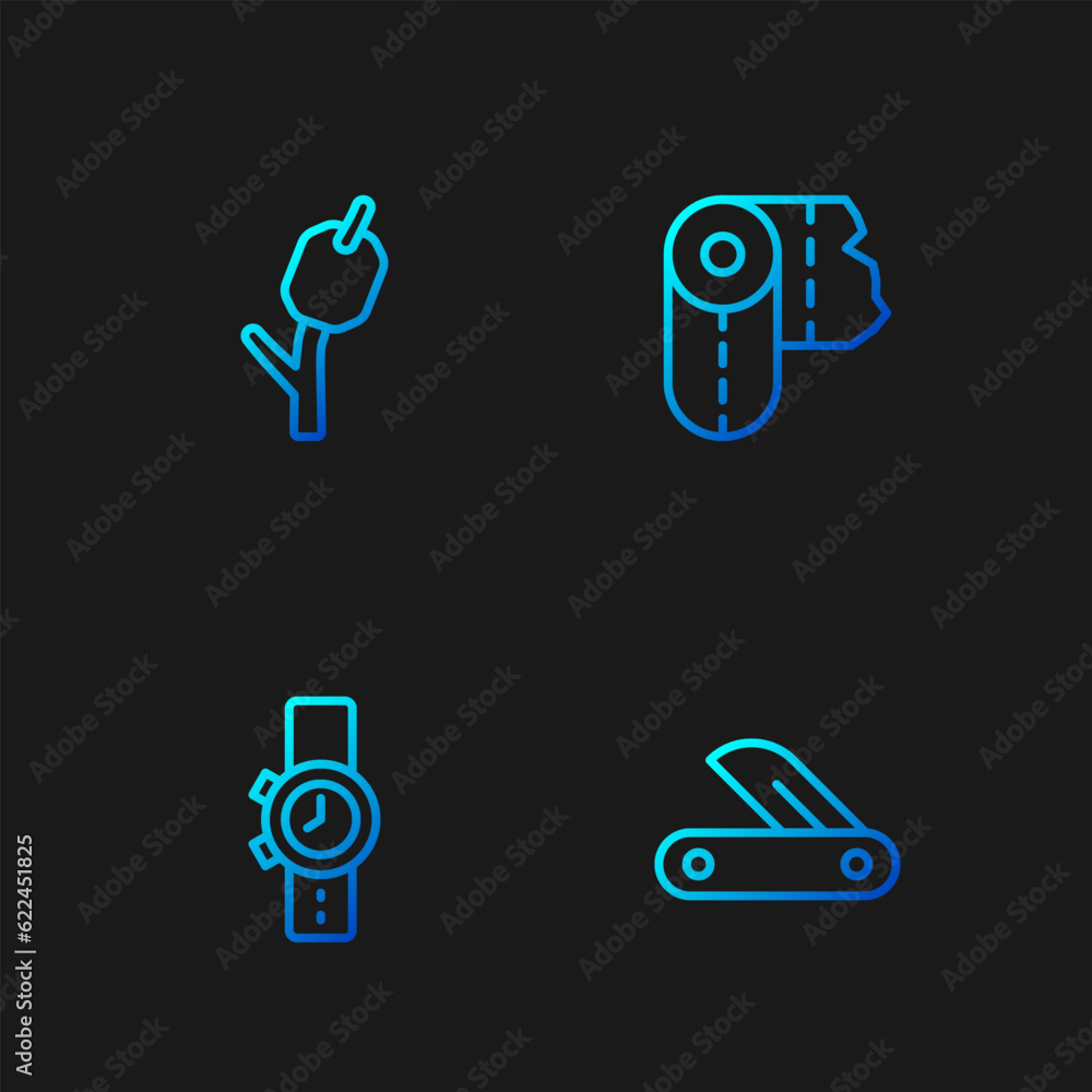 Set line Swiss army knife, Wrist watch, Marshmallow on stick and Paper towel roll. Gradient color icons. Vector Set line Swiss army knife, Wrist watch, Marshmallow on stick and Paper towel roll. Gradient color icons. Vector