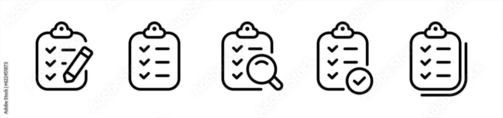 Clipboard icon set in line style. Checklist, Checkmarks, Magnifier, Pencil, Quality check simple black style symbol sign for apps and website, vector illustration. Clipboard icon set in line style. Checklist, Checkmarks, Magnifier, Pencil, Quality check simple black style symbol sign for apps and website, vector illustration.