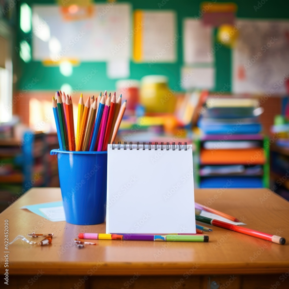 Stilllife illustration of a desk with school furnitures. Books crayons colored pencil. Generative AI. Stilllife illustration of a desk with school furnitures. Books crayons colored pencil. Generative AI.