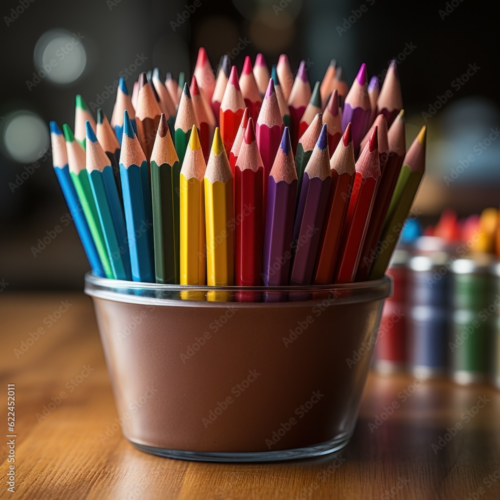 Stilllife illustration of a desk with school furnitures. Colored crayons. Generative AI. Stilllife illustration of a desk with school furnitures. Colored crayons. Generative AI.