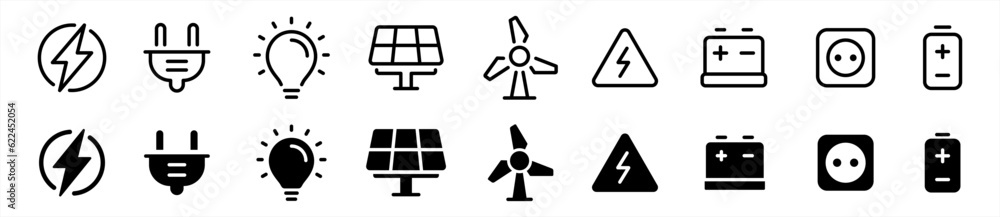 Electricity icon set in line style. Energy power, Green energy, renewable energy, green technology simple black style symbol sign for apps and website, vector illustration. Electricity icon set in line style. Energy power, Green energy, renewable energy, green technology simple black style symbol sign for apps and website, vector illustration.